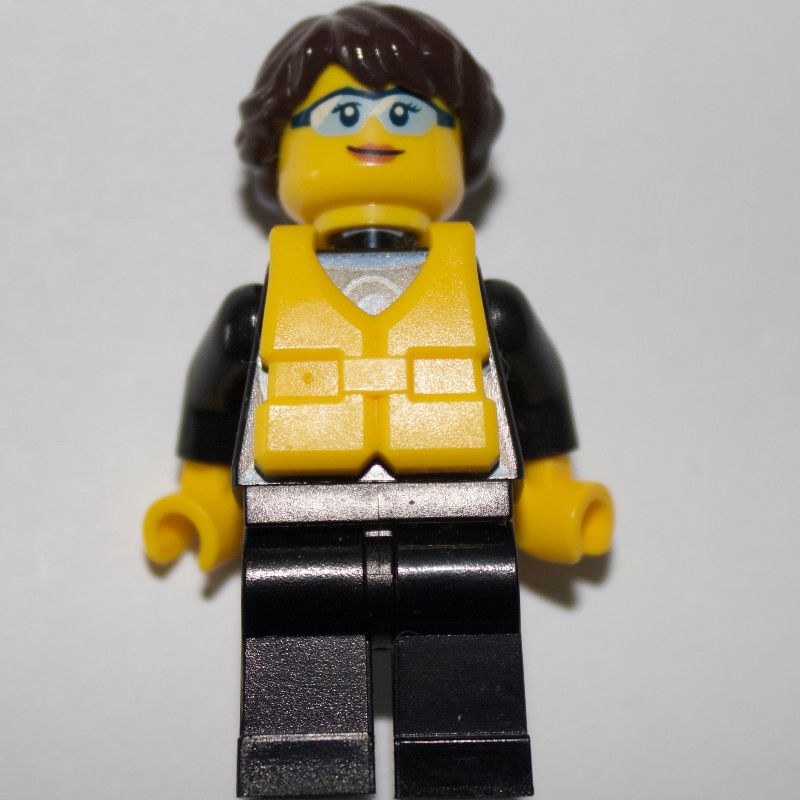 LEGO Set fig-009808 Woman, Dark | Hair, Life Wetsuit, Yellow Black - Build with Vest, Rebrickable Brown LEGO Safety Glasses
