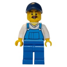 Man, Blue Overalls over White V-Neck Shirt, Dark Blue Cap, Moustache (fig-009810)