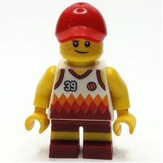 Boy, White and Dark Red Basketball Jersey with '39', Dark Red Shorts, Red Cap (fig-009814)
