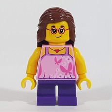 Girl, Bright Pink Top with Butterflies, Dark Purple Legs, Reddish Brown Hair, Glasses (fig-009815)