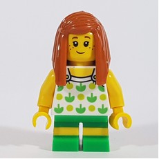Girl, White Top with Lime and Green Pattern, Green Shorts, Dark Orange Hair (fig-009816)