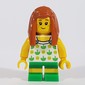 Girl, White Top with Lime and Green Pattern, Green Shorts, Dark Orange Hair