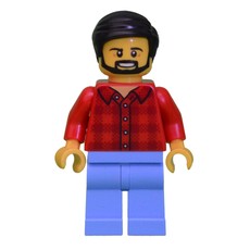 Man, Red Flannel Shirt, Medium Blue Legs, Black Hair, Beard (fig-009838)