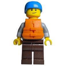 Man, Light Bluish Gray Hoodie over Dark Red Shirt, Dark Brown Legs, Dark Azure Helmet, Orange Life Vest (fig-009843)
