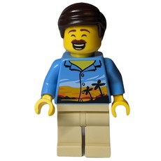 Man, Medium Blue Shirt with Palm Trees and Sunset, Tan Legs, Dark Brown Hair, Moustache (fig-009846)