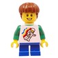 Boy, Floating Classic Spaceman on Shirt, Short Blue Legs, Reddish Brown Hair