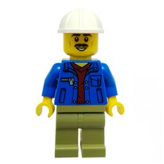 Construction Worker, Blue Jacket, Olive Green Legs, White Hard Hat, Moustache (fig-009867)