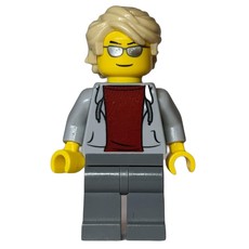 Man, Light Bluish Gray Hoodie over Dark Red Shirt, Dark Bluish Gray Legs, Bright Light Yellow Hair, Silver Sunglasses (fig-009870)