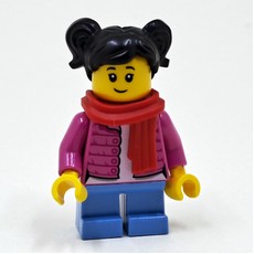 Girl, Open Dark Pink Jacket, Short Medium Blue Legs, Red Scarf, Black Hair (fig-009970)