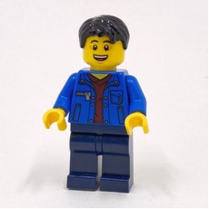 Man, Open Blue Jacket over Dark Red Shirt, Dark Blue Legs, Black Hair (fig-009972)