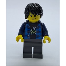 Man, Open Dark Blue Flannel Shirt over Top with Banana, Dark Bluish Gray Legs, Black Hair (fig-009973)
