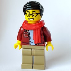 Man, Open Dark Red Jacket, Dark Tan Legs, Red Scarf, Black Hair, Glasses (fig-009974)
