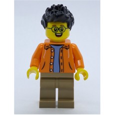 Man, Open Orange Jacket over Light Blue Shirt, Black Hair, Glasses (fig-009975)