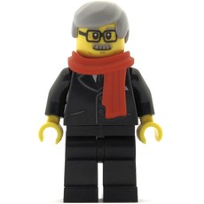 Man, Black Suit with Tie, Red Scarf, Light Bluish Gray Hair, Moustache and Glasses (fig-009986)
