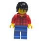 Man, Red Flannel Shirt, Blue Legs, Black Hair, Clenched Teeth Smile