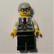 Man, Light Bluish Gray Vest over White Shirt, Black Legs, Light Bluish Gray Hair, Moustache and Glasses (fig-010027)