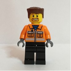 Construction Worker, Orange Jacket with Zipper and Reflective Stripes, Black Legs, Reddish Brown Hair, Goatee Beard (fig-010398)