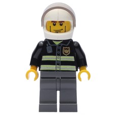 Fireman, Black Fire Jacket with Reflective Stripes, Radio, and Badge, White Helmet with Visor, Cheek Lines, Dark BLuish Grey Legs (fig-010634)