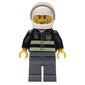 Fireman, Black Fire Jacket with Reflective Stripes, Radio, and Badge, White Helmet with Visor, Cheek Lines, Dark BLuish Grey Legs