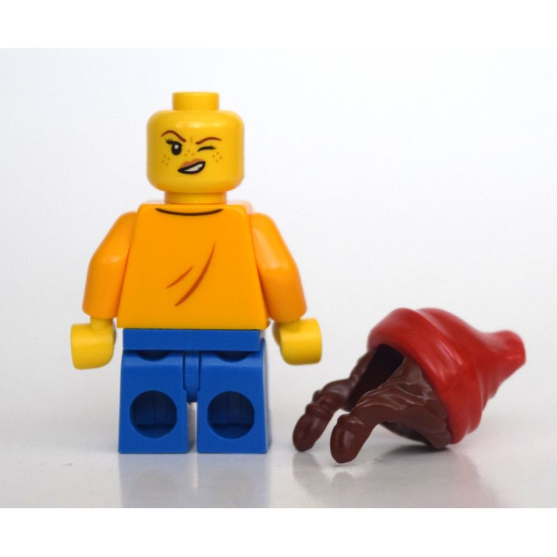 LEGO Bright with Build Girl, Rebrickable Orange with LEGO Blue Shirt, Beanie Braids Light Set | Legs, - Medium fig-010755 Red