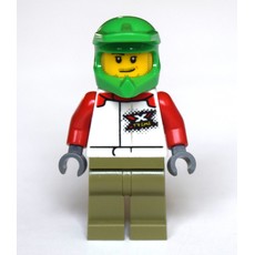 Man, White Racing Jacket, Olive Green Legs, Green Dirt Bike Helmet, Stubble (fig-010780)