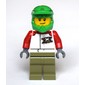 Man, White Racing Jacket, Olive Green Legs, Green Dirt Bike Helmet, Stubble