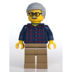 Man, Dark Blue Plaid Shirt, Dark Tan Legs, Light Bluish Gray Hair and Moustache, Glasses (fig-010798)