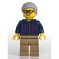 Man, Dark Blue Plaid Shirt, Dark Tan Legs, Light Bluish Gray Hair and Moustache, Glasses