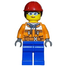 Construction Worker, Woman, Orange Safety Jacket, Blue Legs, Ponytail with Red Hard Hat (fig-010800)