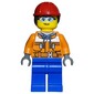 Construction Worker, Woman, Orange Safety Jacket, Blue Legs, Ponytail with Red Hard Hat