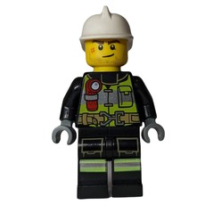 Fireman, Black Firesuit with Lime Safety Vest and Torch, White Helmet (fig-010838)
