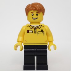 LEGO Employee, Yellow Shirt, Black Legs, Dark Orange Hair (fig-010845)