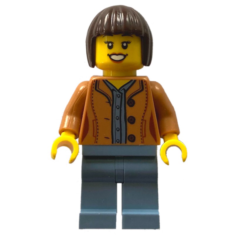 LEGO Set fig-010846 Woman, Medium Nougat Jacket, Sand Blue Legs, Dark ...