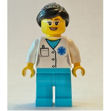 Doctor, Woman, White Shirt over Medium Azure Scrubs with Star of Life and Pocket, Dark Brown Hair, Glasses (fig-010989)