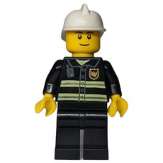 Fireman, Black Fire Jacket with Radio and Badge, White Helmet, Black Eyebrows (fig-011660)