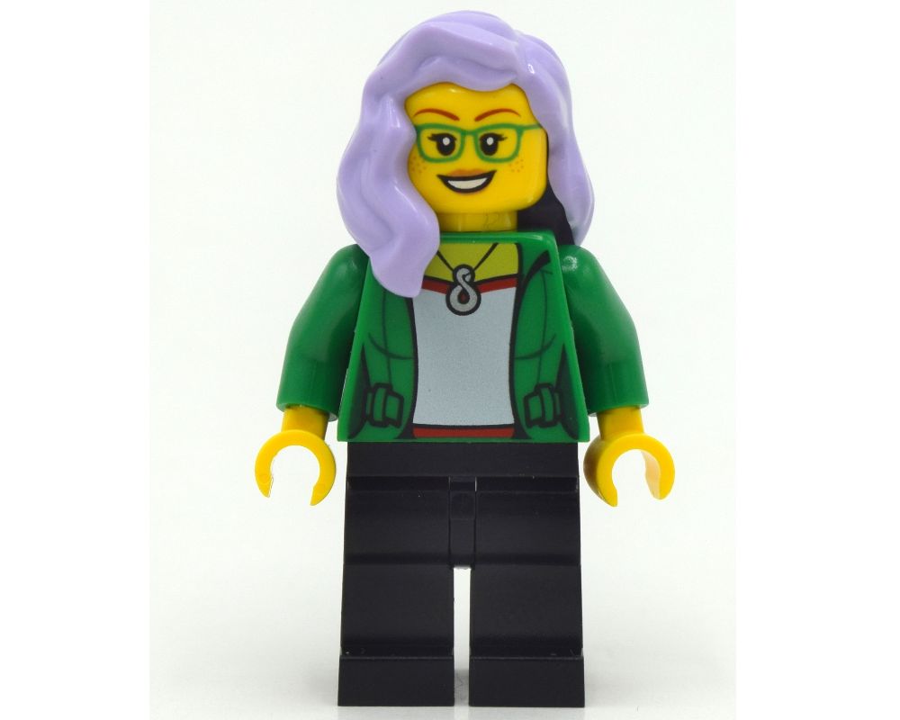 LEGO Set fig-011868 Woman, Rebrickable - Hair Legs, Green with | Black Open Lavender LEGO Jacket, Build