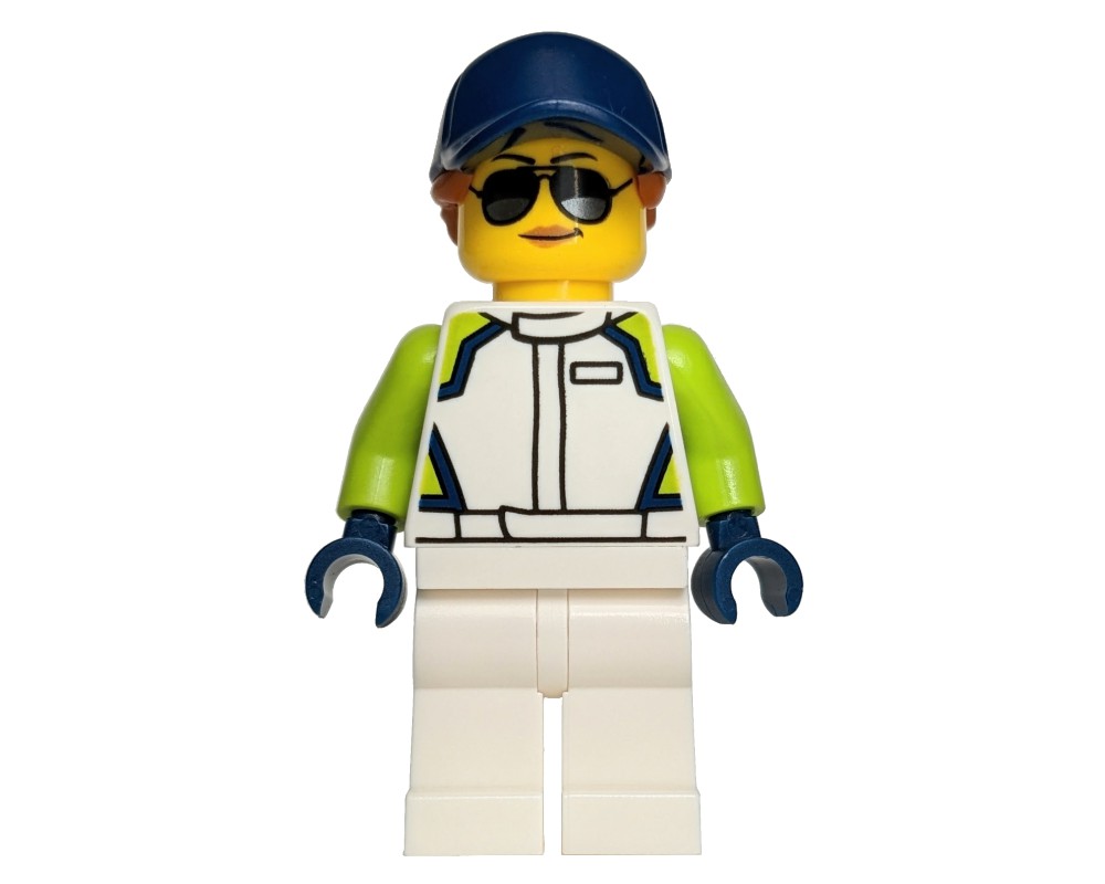 LEGO Set fig-012016 Racer, White Race Suit, Dark Blue Cap, Sunglasses ...