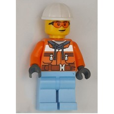 Construction Worker, Orange Safety Jacket, Bright Light Blue Legs, White Hard Hat (fig-012162)