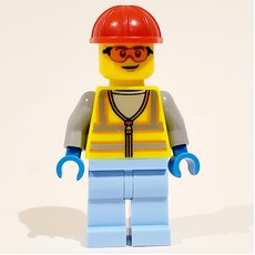 Man, Vibrant Yellow Safety Vest, Bright Light Blue Legs, Red Hard Hat (fig-012166)