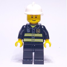 Fireman, Black Fire Jacket with Radio and Badge, White Helmet, Reddish Brown Eyebrows (3626c Head) (fig-012378)