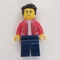 Man, Red Letterman Jacket, Dark Blue Legs