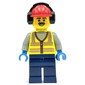Vibrant Yellow Safety Vest, Dark Blue Legs, Red Hat