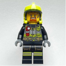 Firefighter, Black Fire Suit with Red Flashlight, Vibrant Yellow Helmet (fig-013335)