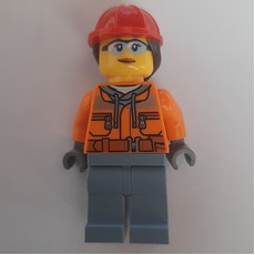 Construction Worker, Orange Safety Jacket, Sand Blue Legs, Red Hard Hat with Ponytail (fig-013361)