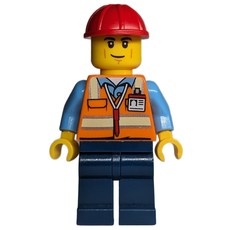 Construction Worker - Orange Torso, Dark Blue Legs, Red Helmet, Smirk (fig-013627)
