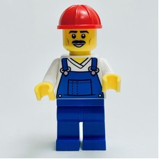 Construction Worker, Blue Overalls, Red Hard Hat, Moustache (fig-013757)