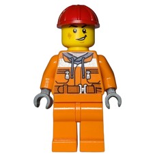 Construction Worker, Orange Safety Suit, Red Hard Hat (fig-013957)
