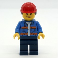 Construction Worker, Blue Safety Jacket, Dark Blue Legs, Red Hard Hat with Hair (fig-013958)