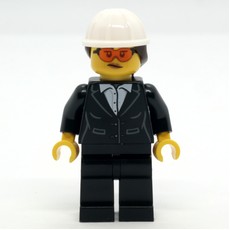 Construction Site Foreman, Black Suit, White Hard Hat with Hair (fig-013960)