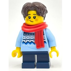 Child, Bright Light Blue Sweater, Short Dark Blue Legs, Red Scarf, Dark Brown Hair (fig-014384)